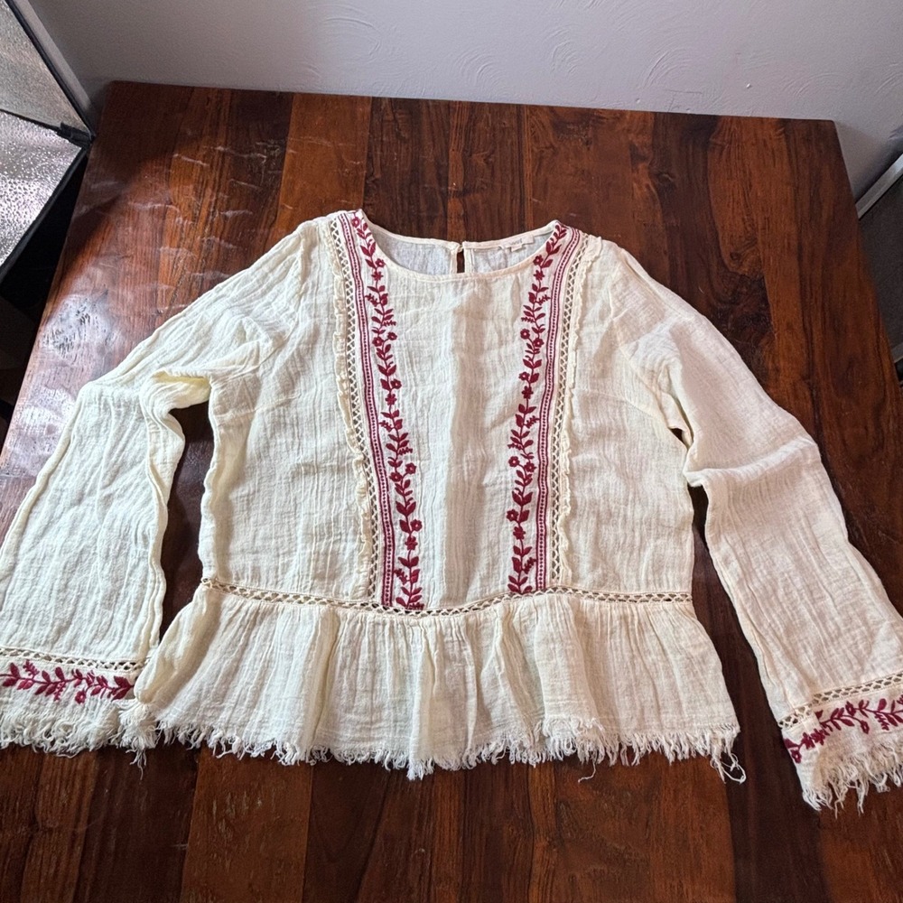 Oddi Cream Cotton Linen Embroidered Boho Peplum Blouse TJ30027 Large